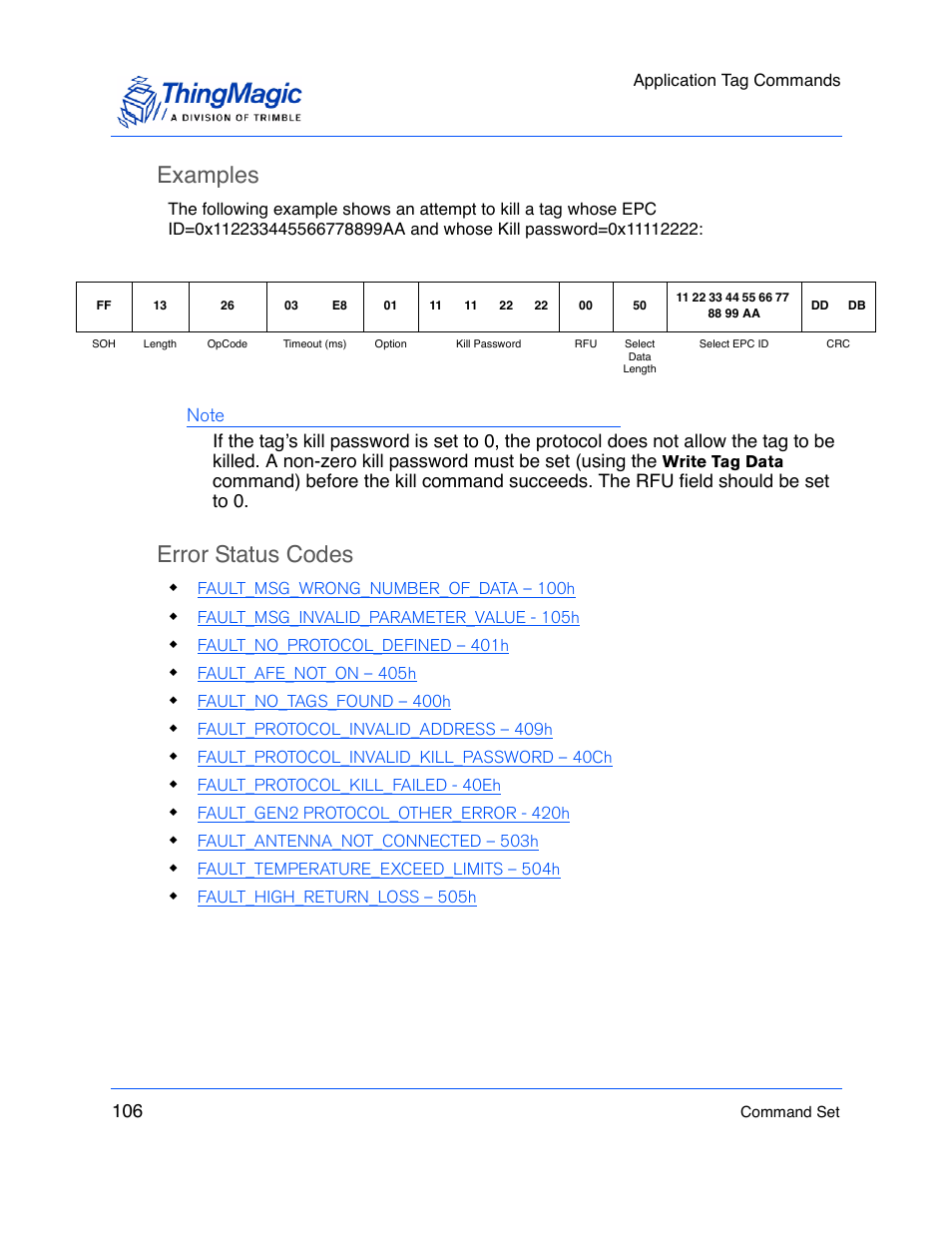 Examples, Error status codes | ThingMagic M5e-Compact User Manual | Page 106 / 252