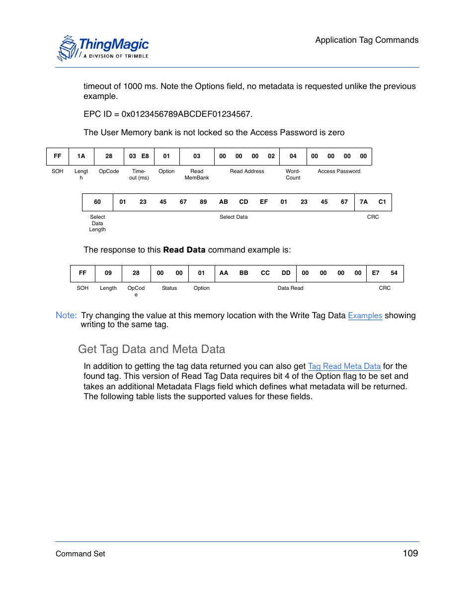 Get tag data and meta data, Application tag commands | ThingMagic M5e-Compact User Manual | Page 109 / 252