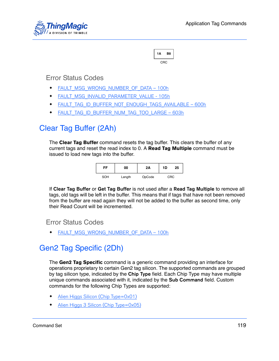 Error status codes, Clear tag buffer (2ah), Gen2 tag specific (2dh) | Gen2 tag specific, 2dh), Commands as well | ThingMagic M5e-Compact User Manual | Page 119 / 252