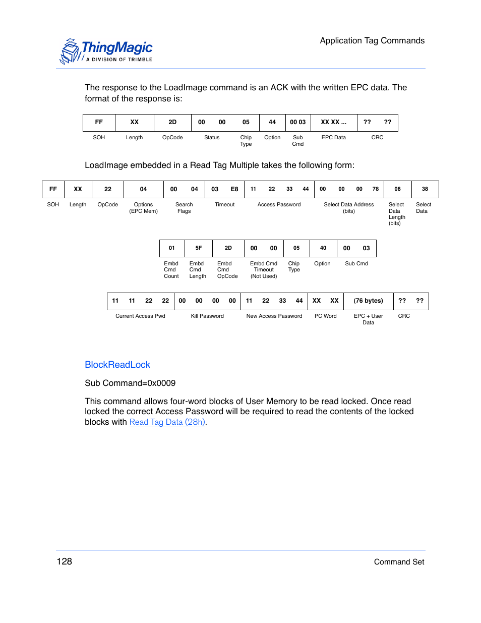 Blockreadlock, Application tag commands, Command set | ThingMagic M5e-Compact User Manual | Page 128 / 252