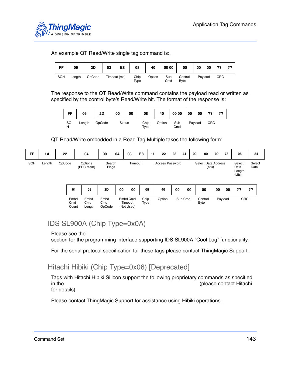 Ids sl900a (chip type=0x0a), Hitachi hibiki (chip type=0x06) [deprecated, Application tag commands | ThingMagic M5e-Compact User Manual | Page 143 / 252