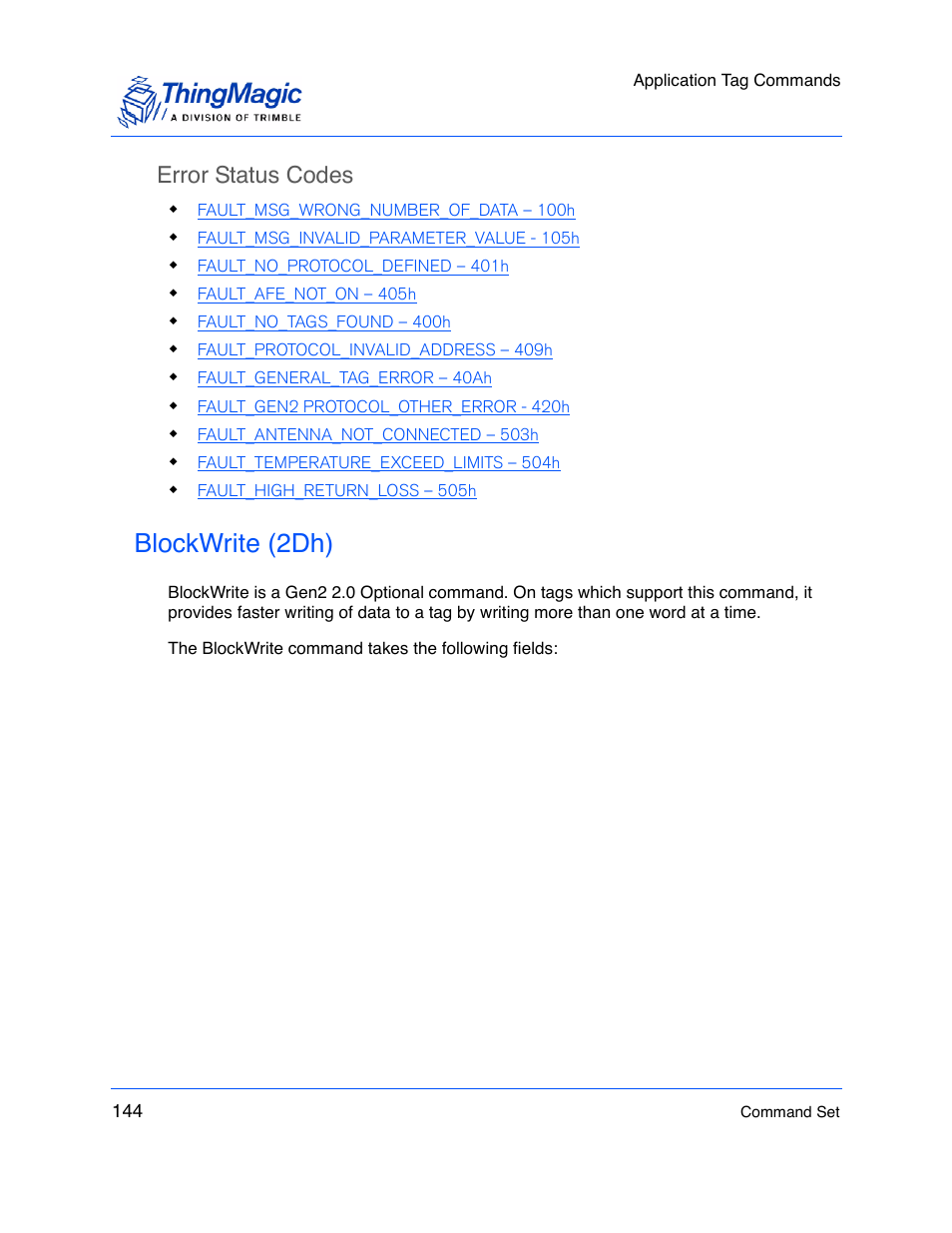 Error status codes, Blockwrite (2dh) | ThingMagic M5e-Compact User Manual | Page 144 / 252