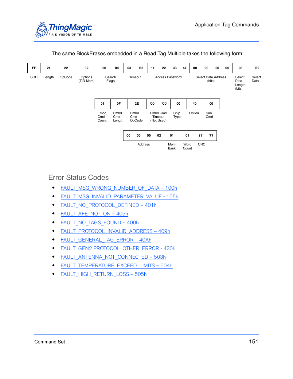 Error status codes, Application tag commands, Fault_msg_wrong_number_of_data – 100h | Fault_msg_invalid_parameter_value - 105h, Fault_no_protocol_defined – 401h, Fault_afe_not_on – 405h, Fault_no_tags_found – 400h, Fault_protocol_invalid_address – 409h, Fault_general_tag_error – 40ah, Fault_gen2 protocol_other_error - 420h | ThingMagic M5e-Compact User Manual | Page 151 / 252