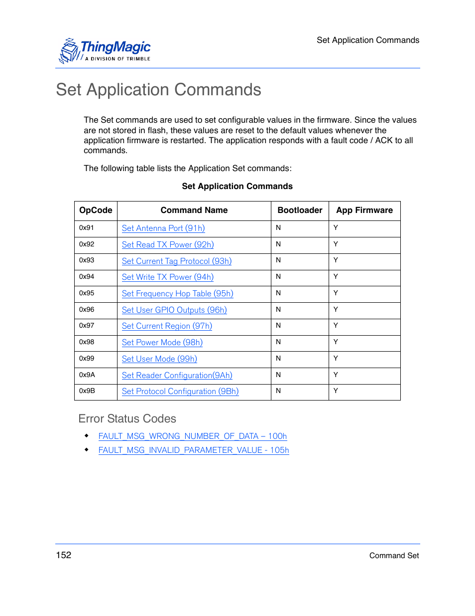 Set application commands, Error status codes | ThingMagic M5e-Compact User Manual | Page 152 / 252
