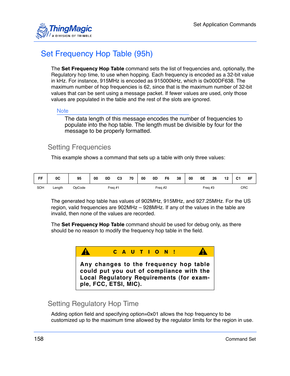 Set frequency hop table (95h), Setting frequencies, Setting regulatory hop time | ThingMagic M5e-Compact User Manual | Page 158 / 252
