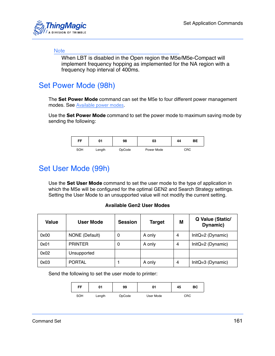 Set power mode (98h), Set user mode (99h) | ThingMagic M5e-Compact User Manual | Page 161 / 252