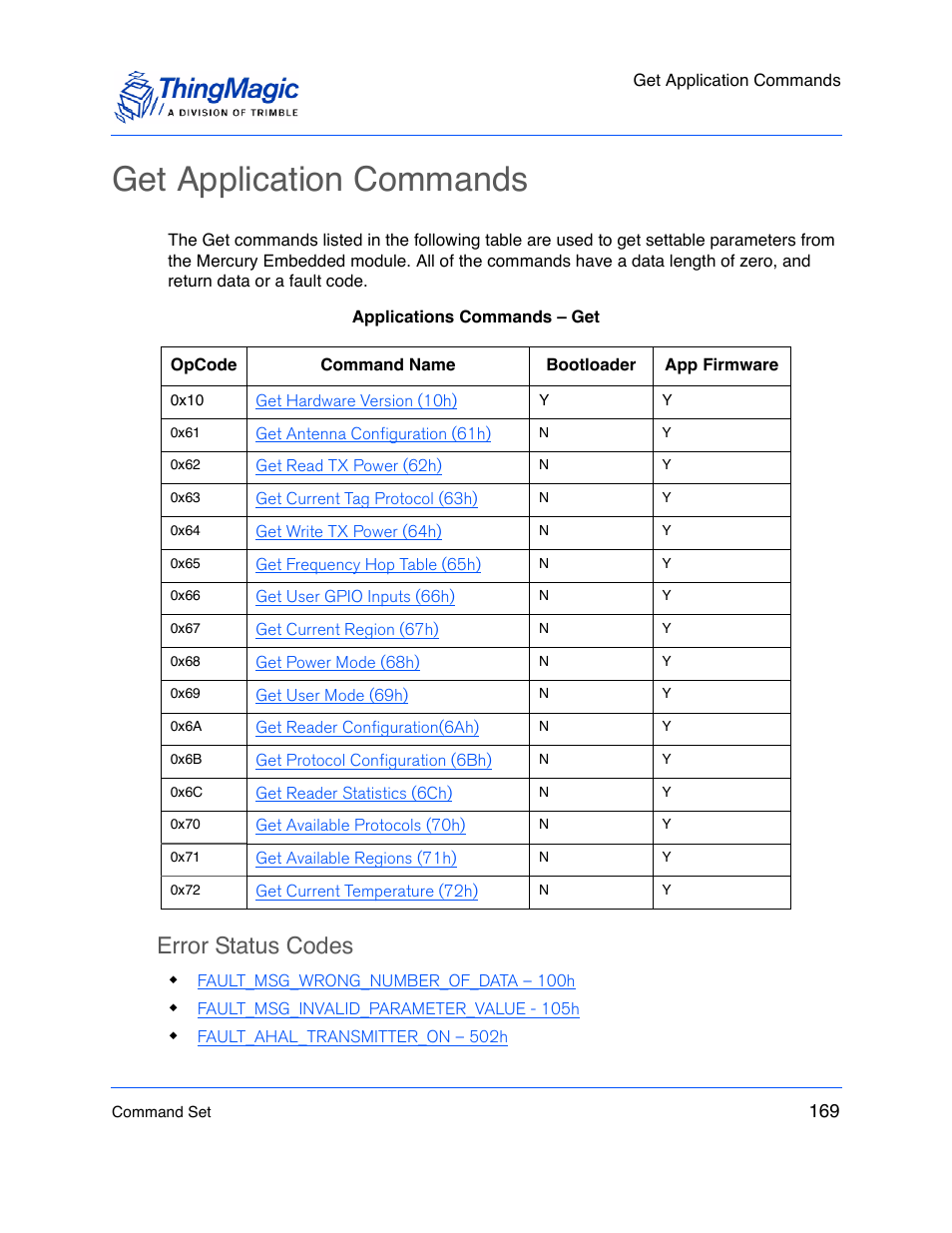 Get application commands, Error status codes | ThingMagic M5e-Compact User Manual | Page 169 / 252