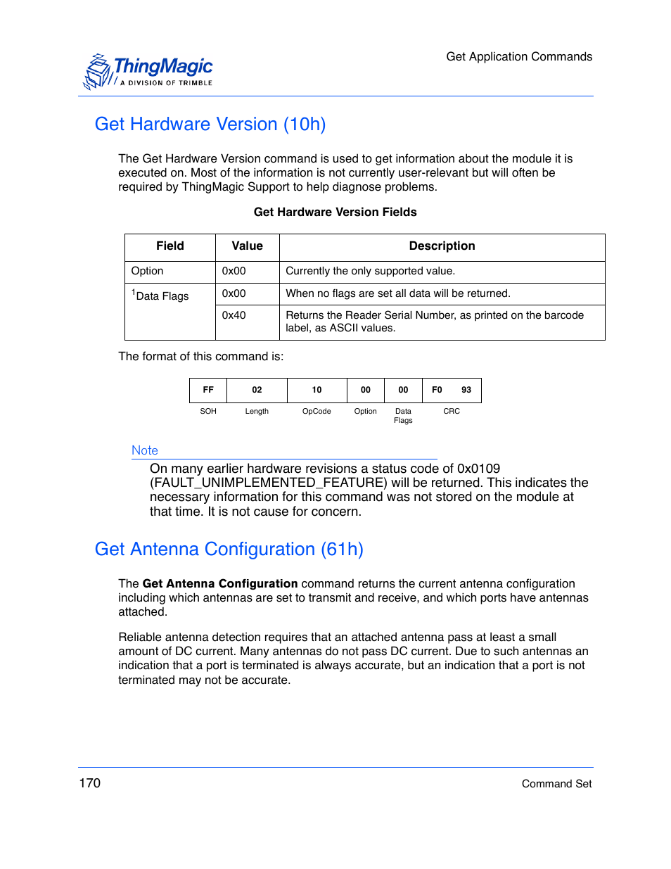 Get hardware version (10h), Get antenna configuration (61h), Get antenna | Configuration (61h), Be u | ThingMagic M5e-Compact User Manual | Page 170 / 252