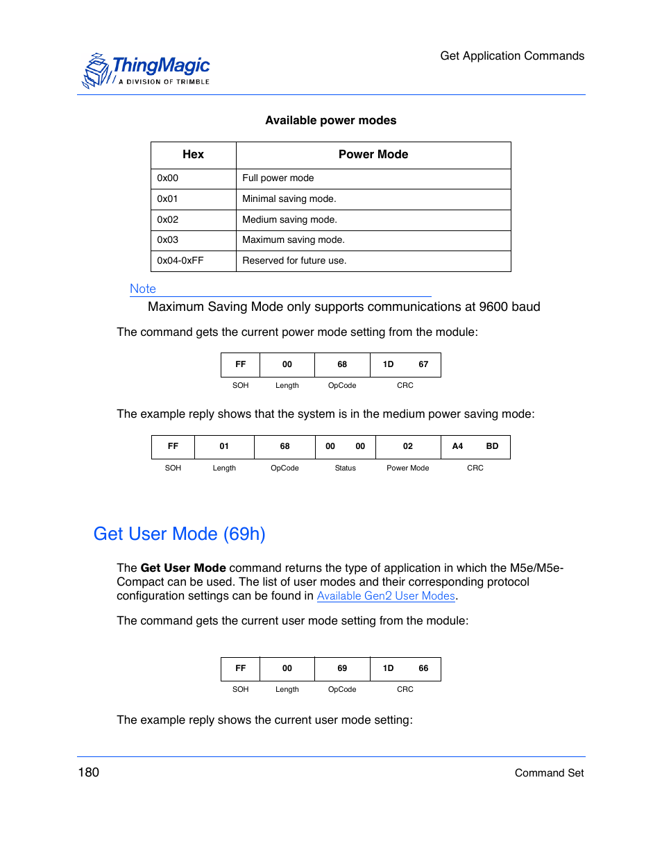 Get user mode (69h), Get application commands, Available power modes | ThingMagic M5e-Compact User Manual | Page 180 / 252