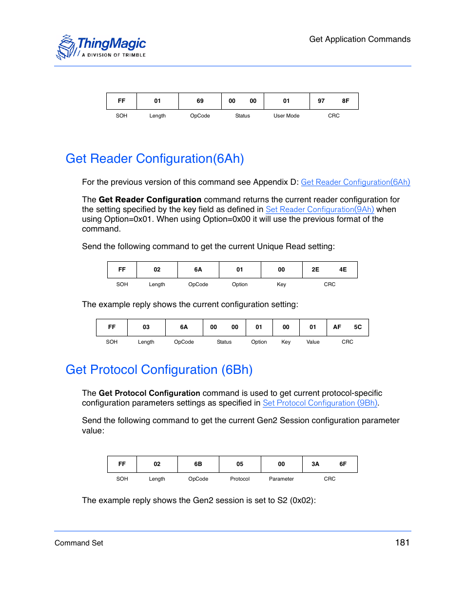 Get reader configuration(6ah), Get protocol configuration (6bh), Get protocol configuration | 6bh), Get application commands | ThingMagic M5e-Compact User Manual | Page 181 / 252