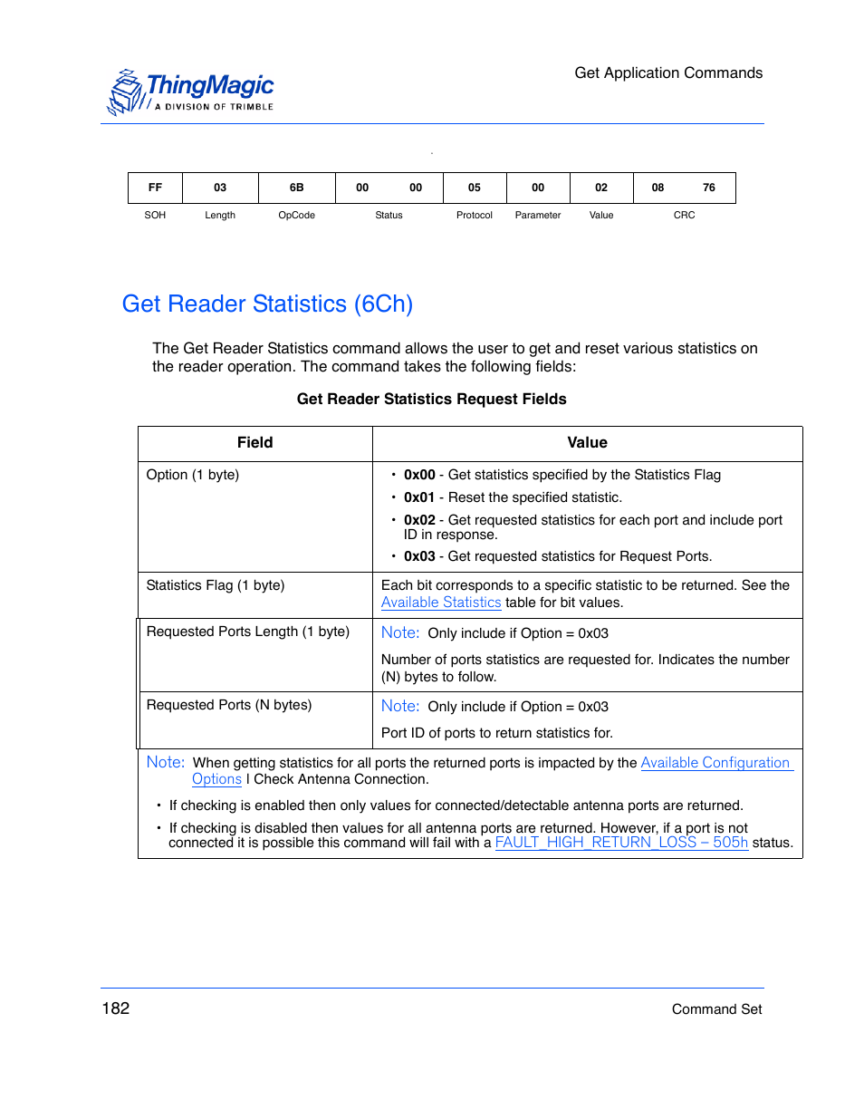 Get reader statistics (6ch) | ThingMagic M5e-Compact User Manual | Page 182 / 252