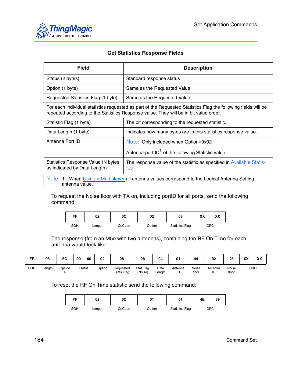 Get application commands, Available statis- tics, Using a multiplexer | ThingMagic M5e-Compact User Manual | Page 184 / 252