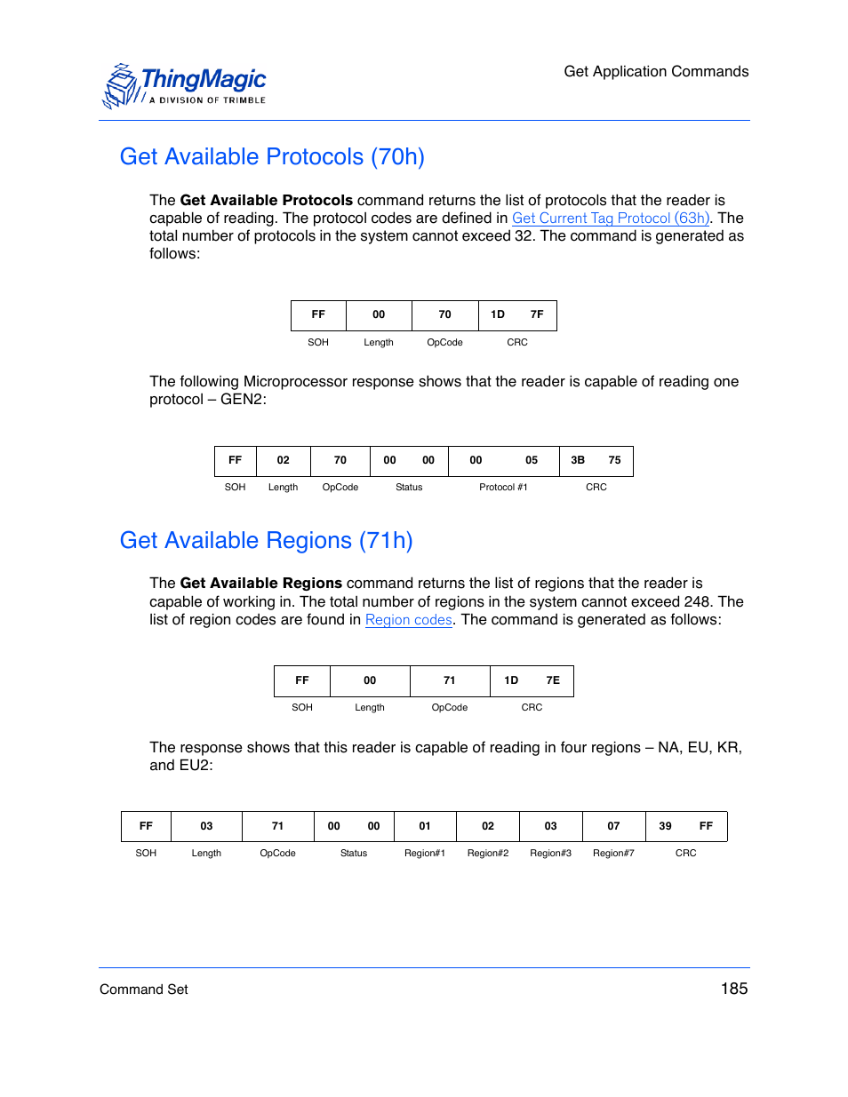Get available protocols (70h), Get available regions (71h), Get application commands | ThingMagic M5e-Compact User Manual | Page 185 / 252