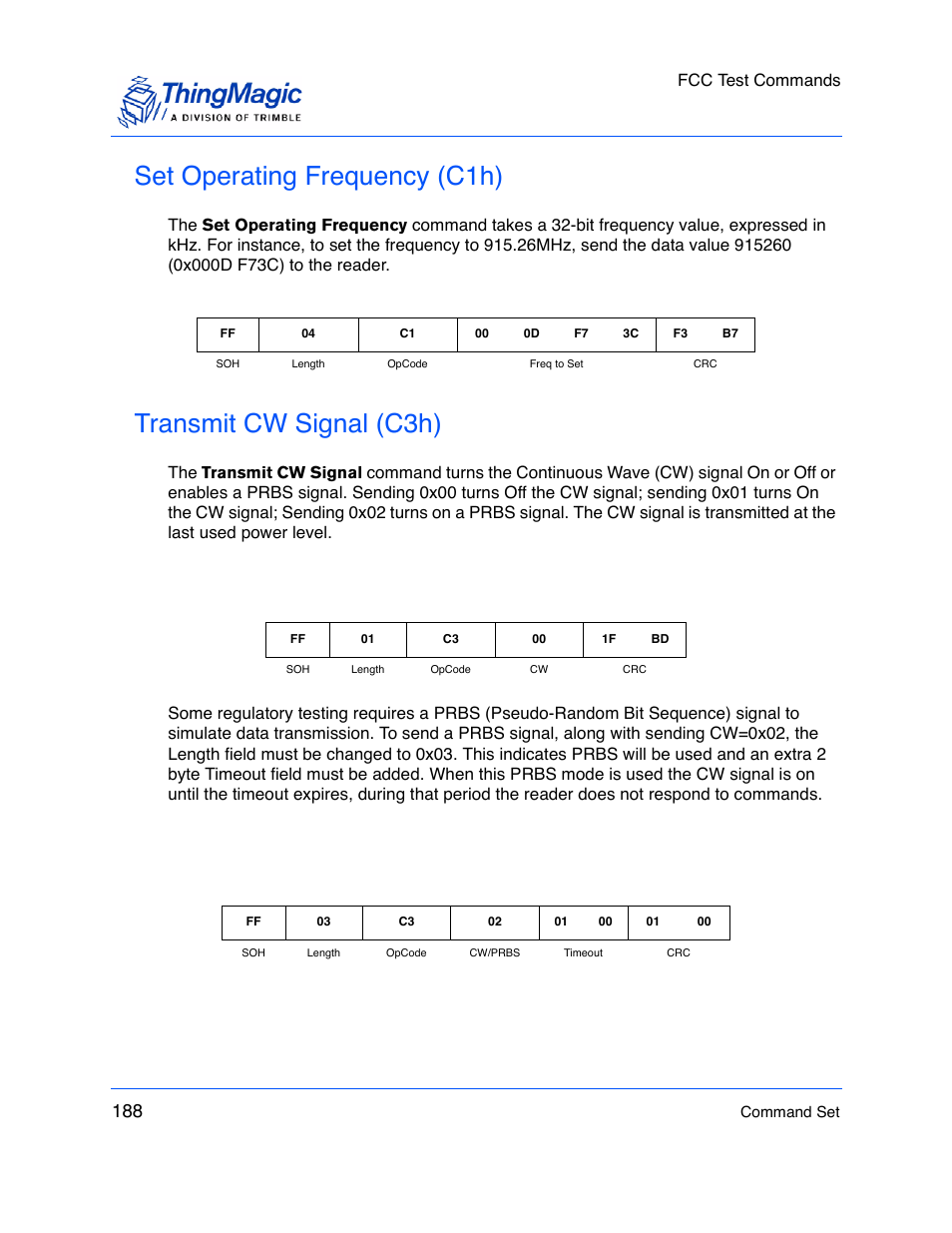 Set operating frequency (c1h), Transmit cw signal (c3h), This example shuts off cw | Fcc test commands | ThingMagic M5e-Compact User Manual | Page 188 / 252