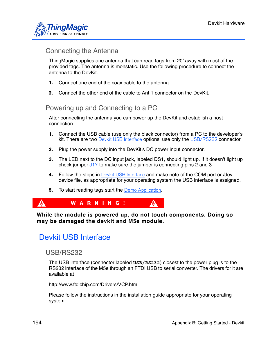 Connecting the antenna, Powering up and connecting to a pc, Devkit usb interface | Usb/rs232 | ThingMagic M5e-Compact User Manual | Page 194 / 252