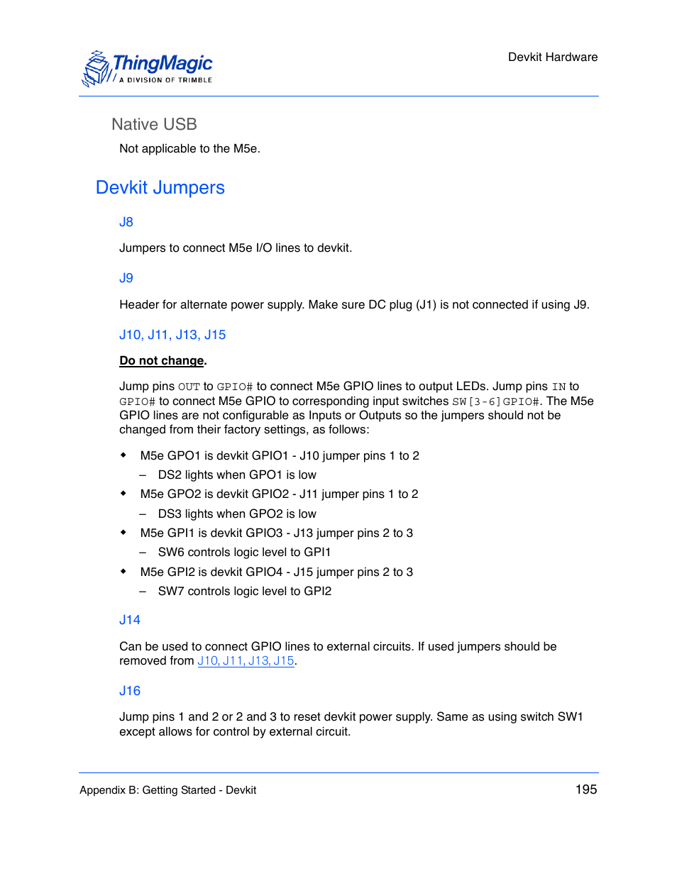 Native usb, Devkit jumpers, J10, j11, j13, j15 | ThingMagic M5e-Compact User Manual | Page 195 / 252