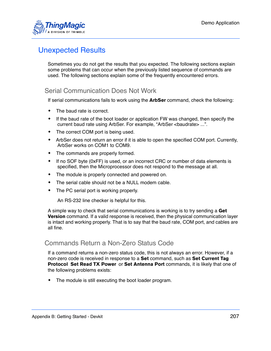 Unexpected results, Serial communication does not work, Commands return a non-zero status code | ThingMagic M5e-Compact User Manual | Page 207 / 252