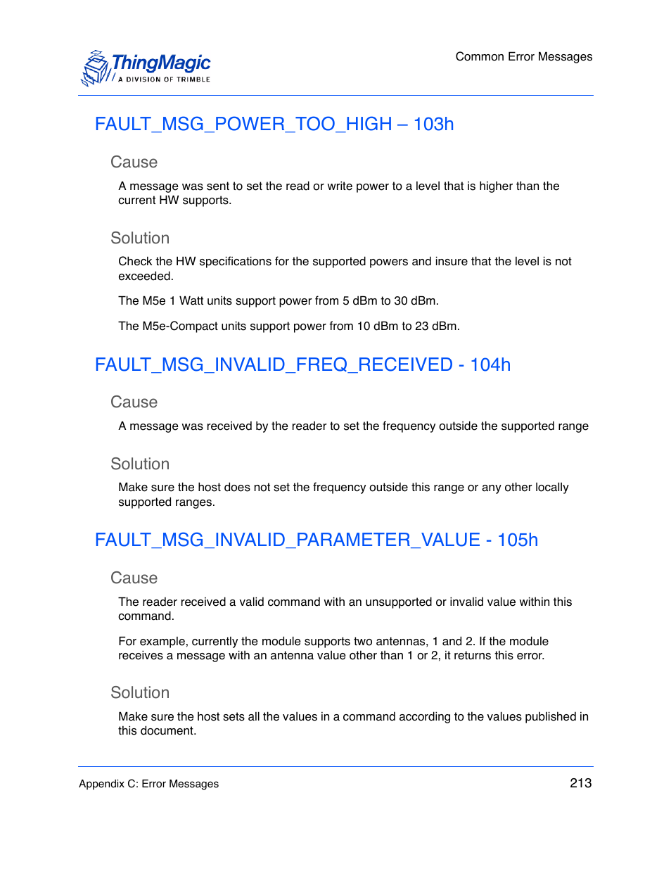 Fault_msg_power_too_high – 103h, Cause, Solution | Fault_msg_invalid_freq_received - 104h, Fault_msg_invalid_parameter_value - 105h | ThingMagic M5e-Compact User Manual | Page 213 / 252