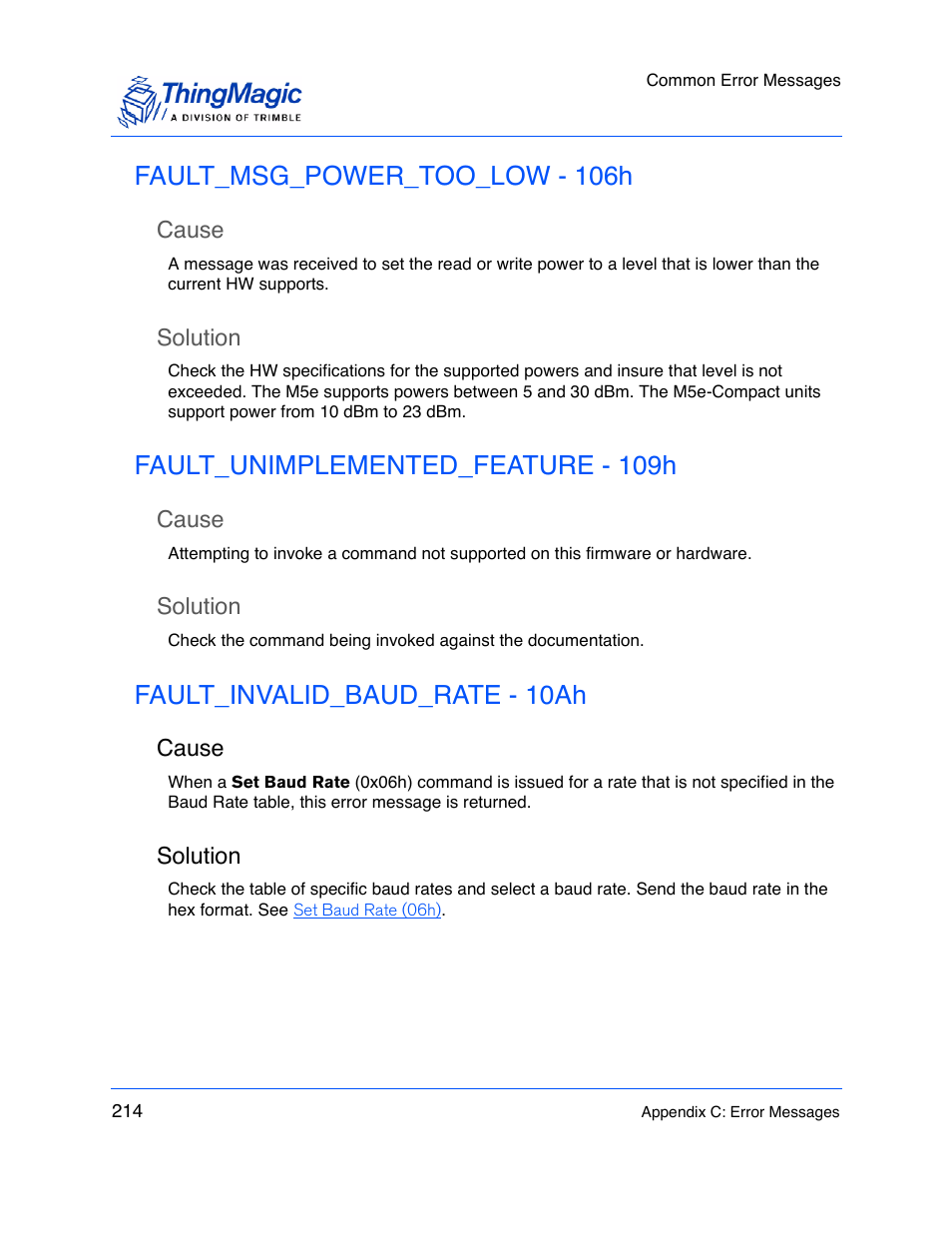 Fault_msg_power_too_low - 106h, Cause, Solution | Fault_unimplemented_feature - 109h, Fault_invalid_baud_rate - 10ah | ThingMagic M5e-Compact User Manual | Page 214 / 252