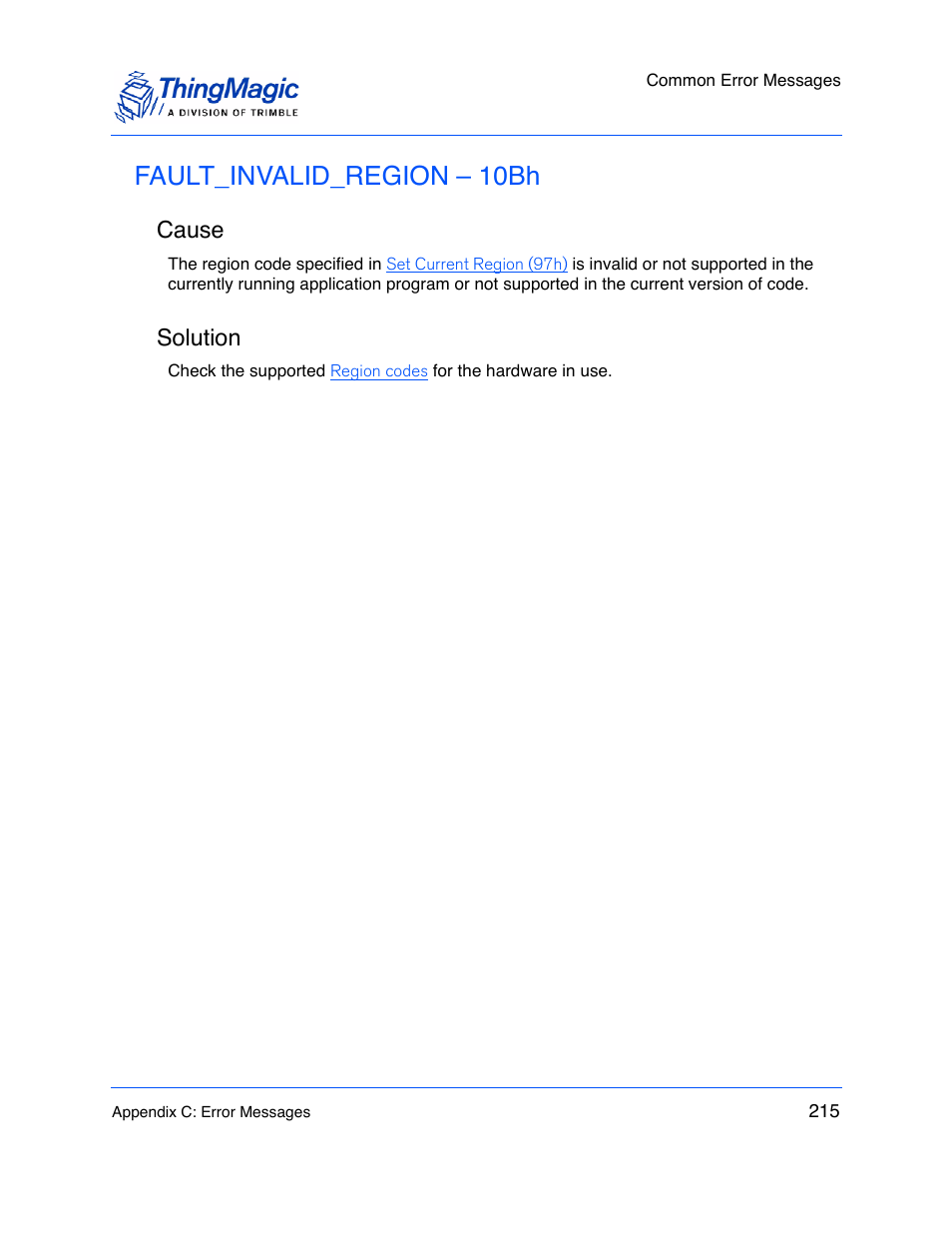 Fault_invalid_region – 10bh, Cause, Solution | ThingMagic M5e-Compact User Manual | Page 215 / 252