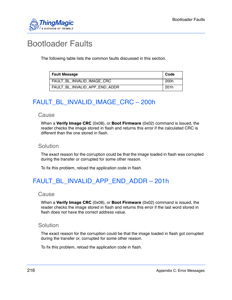 Bootloader faults, Fault_bl_invalid_image_crc – 200h, Cause | Solution, Fault_bl_invalid_app_end_addr – 201h | ThingMagic M5e-Compact User Manual | Page 216 / 252