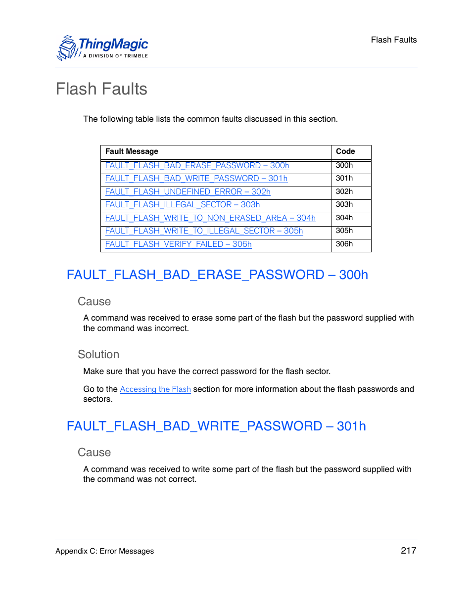 Flash faults, Fault_flash_bad_erase_password – 300h, Cause | Solution, Fault_flash_bad_write_password – 301h | ThingMagic M5e-Compact User Manual | Page 217 / 252