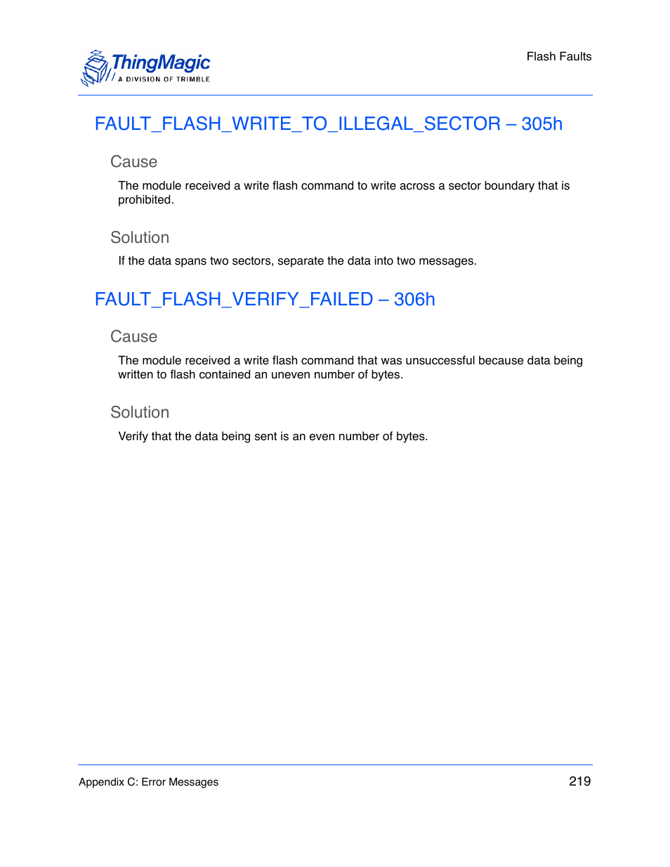 Fault_flash_write_to_illegal_sector – 305h, Cause, Solution | Fault_flash_verify_failed – 306h | ThingMagic M5e-Compact User Manual | Page 219 / 252