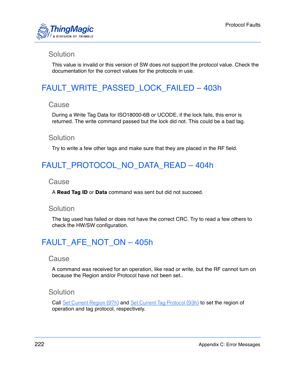 Solution, Fault_write_passed_lock_failed – 403h, Cause | Fault_protocol_no_data_read – 404h, Fault_afe_not_on – 405h | ThingMagic M5e-Compact User Manual | Page 222 / 252