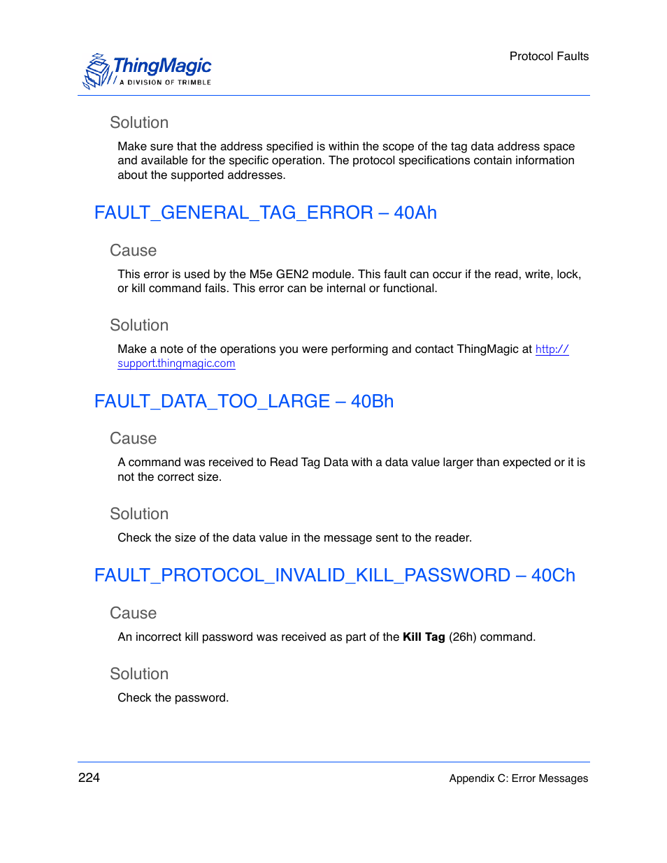 Solution, Fault_general_tag_error – 40ah, Cause | Fault_data_too_large – 40bh, Fault_protocol_invalid_kill_password – 40ch | ThingMagic M5e-Compact User Manual | Page 224 / 252