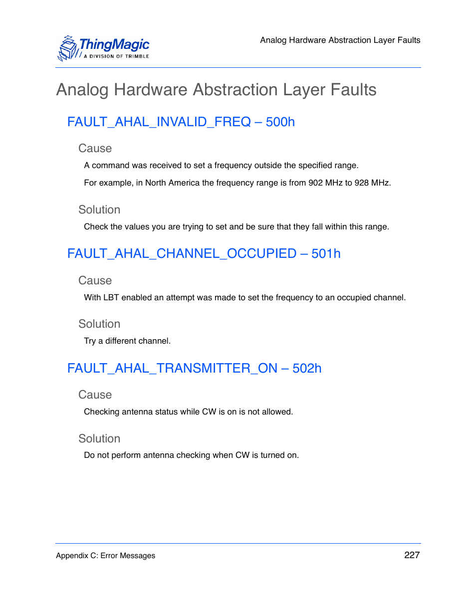 Analog hardware abstraction layer faults, Fault_ahal_invalid_freq – 500h, Cause | Solution, Fault_ahal_channel_occupied – 501h, Fault_ahal_transmitter_on – 502h | ThingMagic M5e-Compact User Manual | Page 227 / 252