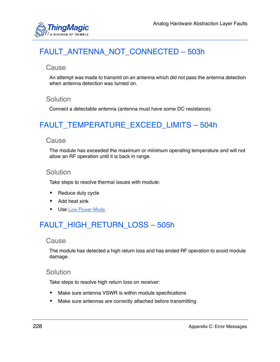 Fault_antenna_not_connected – 503h, Cause, Solution | Fault_temperature_exceed_limits – 504h, Fault_high_return_loss – 505h | ThingMagic M5e-Compact User Manual | Page 228 / 252