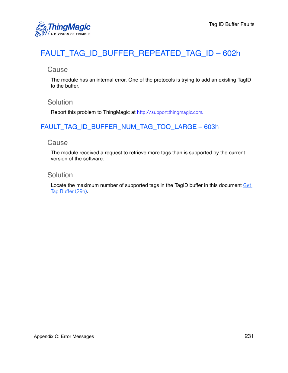 Fault_tag_id_buffer_repeated_tag_id – 602h, Cause, Solution | Fault_tag_id_buffer_num_tag_too_large – 603h | ThingMagic M5e-Compact User Manual | Page 231 / 252