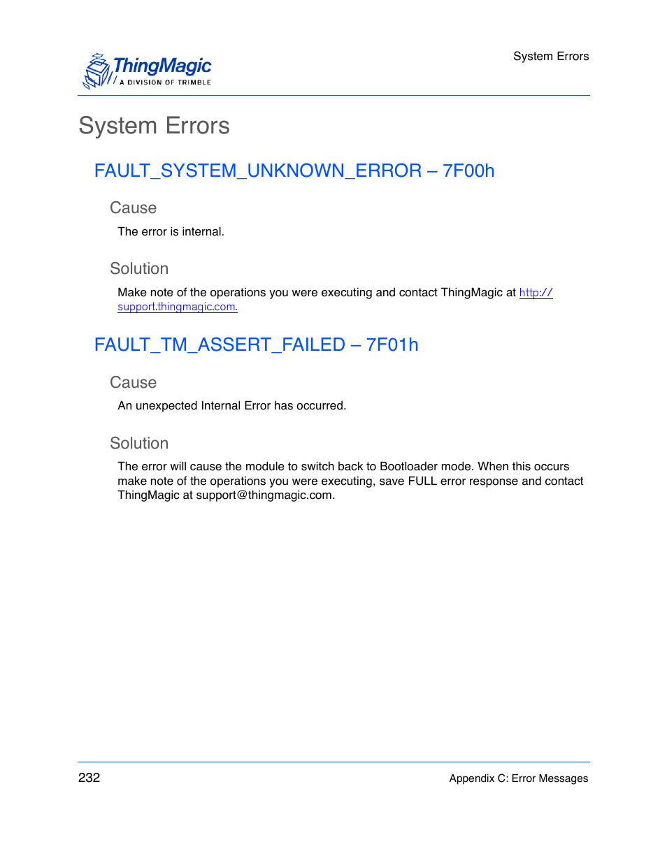 System errors, Fault_system_unknown_error – 7f00h, Cause | Solution, Fault_tm_assert_failed – 7f01h | ThingMagic M5e-Compact User Manual | Page 232 / 252