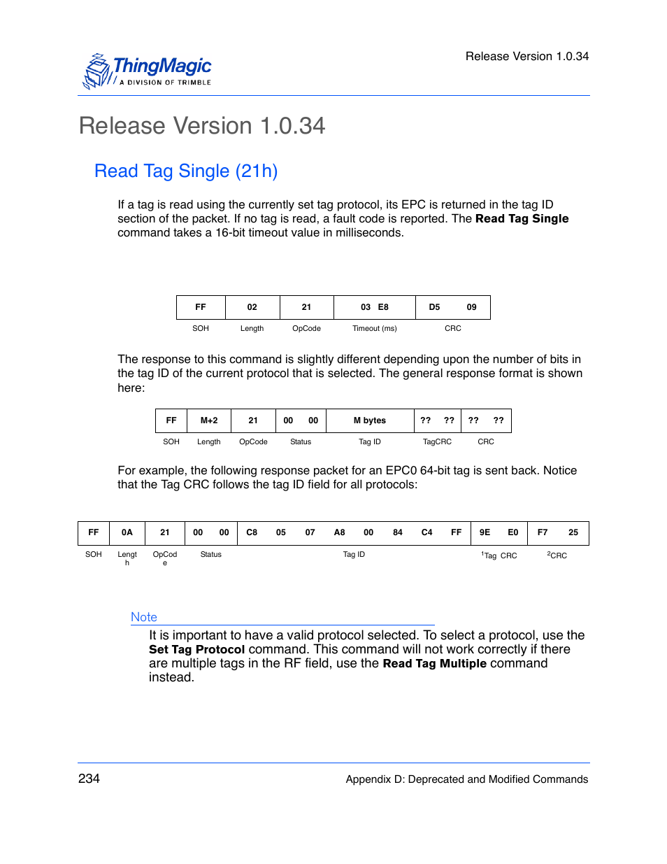 Release version 1.0.34, Read tag single (21h), Command instead | Set tag protocol, Read tag multiple | ThingMagic M5e-Compact User Manual | Page 234 / 252