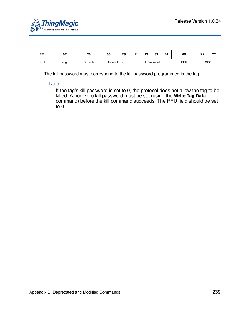 Release version 1.0.34, Write tag data | ThingMagic M5e-Compact User Manual | Page 239 / 252