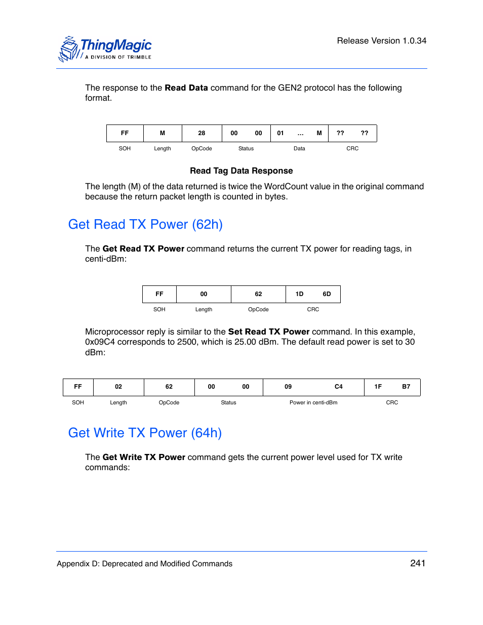 Get read tx power (62h), Get write tx power (64h), Release version 1.0.34 | ThingMagic M5e-Compact User Manual | Page 241 / 252