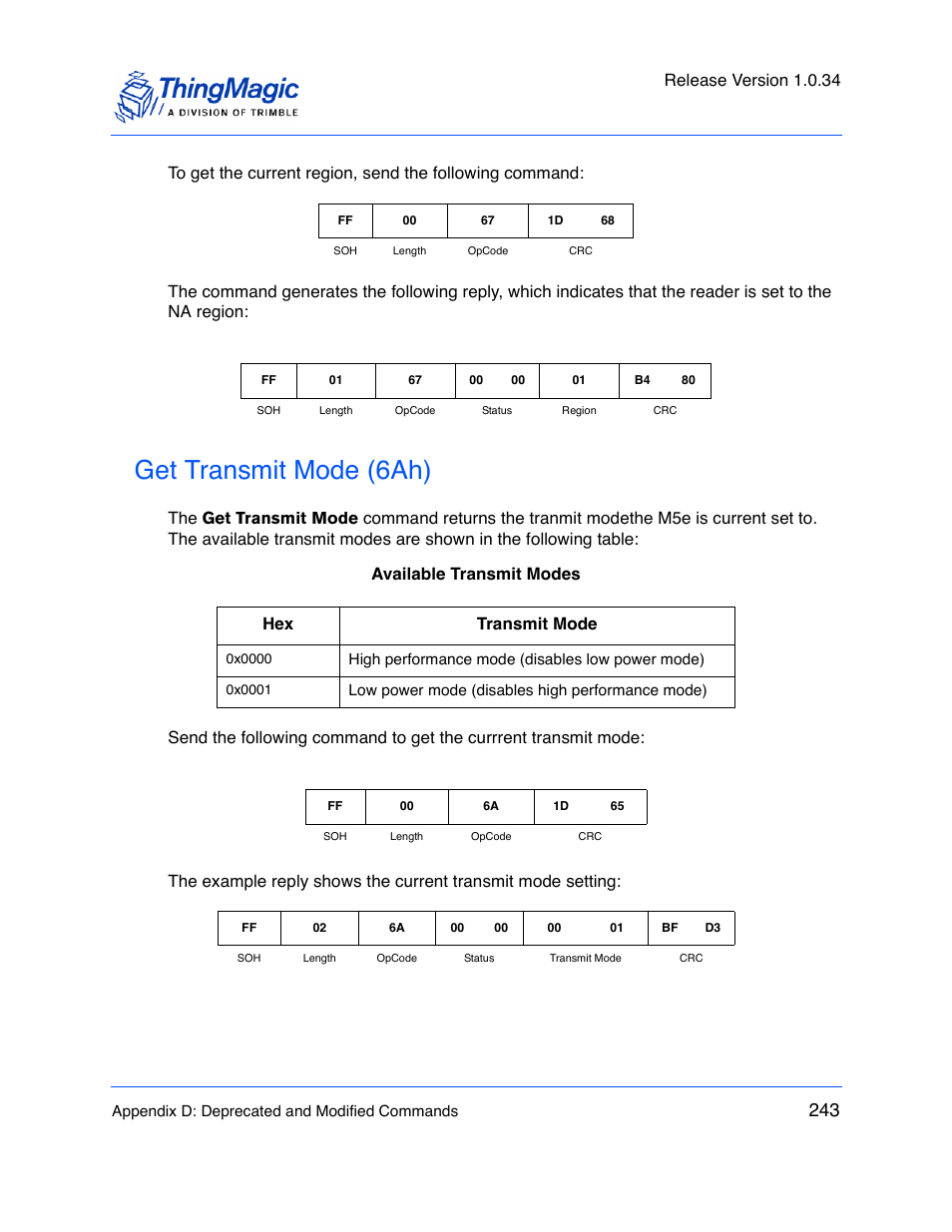Get transmit mode (6ah), Release version 1.0.34, Hex transmit mode | ThingMagic M5e-Compact User Manual | Page 243 / 252