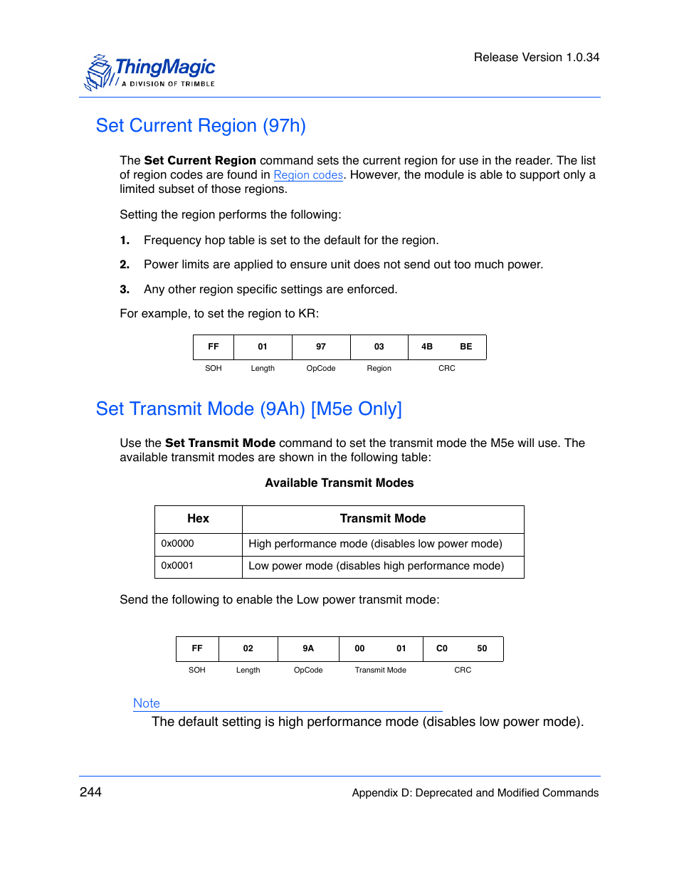 Set current region (97h), Set transmit mode (9ah) [m5e only | ThingMagic M5e-Compact User Manual | Page 244 / 252