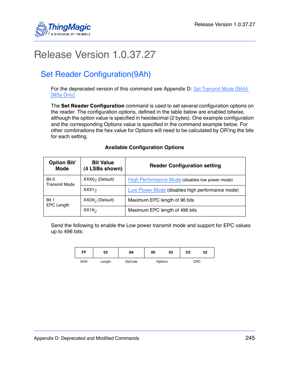 Release version 1.0.37.27, Set reader configuration(9ah) | ThingMagic M5e-Compact User Manual | Page 245 / 252