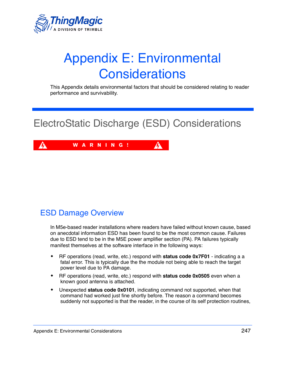 Appendix e: environmental considerations, Electrostatic discharge (esd) considerations, Esd damage overview | ThingMagic M5e-Compact User Manual | Page 247 / 252