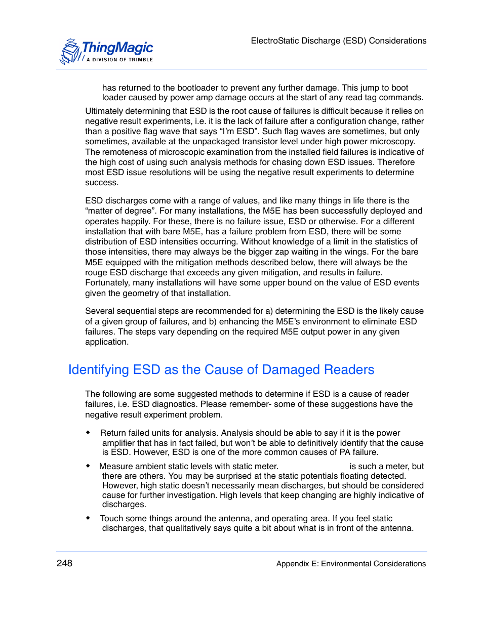 Identifying esd as the cause of damaged readers | ThingMagic M5e-Compact User Manual | Page 248 / 252