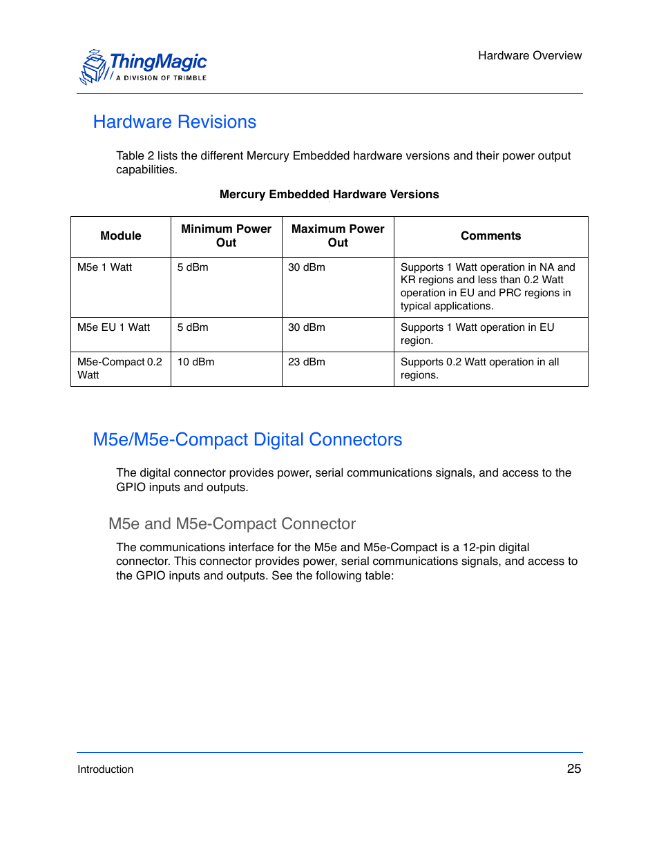 Hardware revisions, M5e/m5e-compact digital connectors, M5e and m5e-compact connector | ThingMagic M5e-Compact User Manual | Page 25 / 252