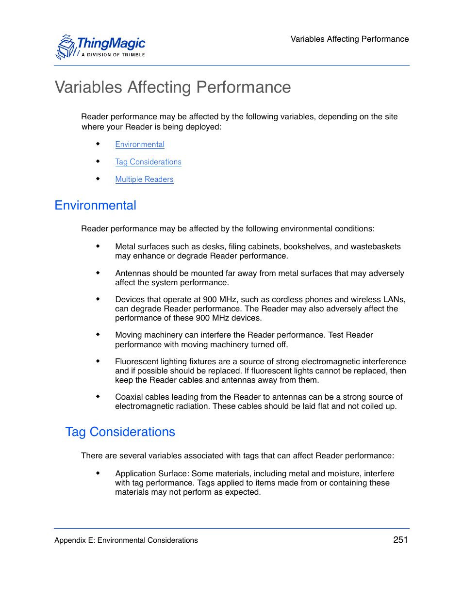 Variables affecting performance, Environmental, Tag considerations | ThingMagic M5e-Compact User Manual | Page 251 / 252