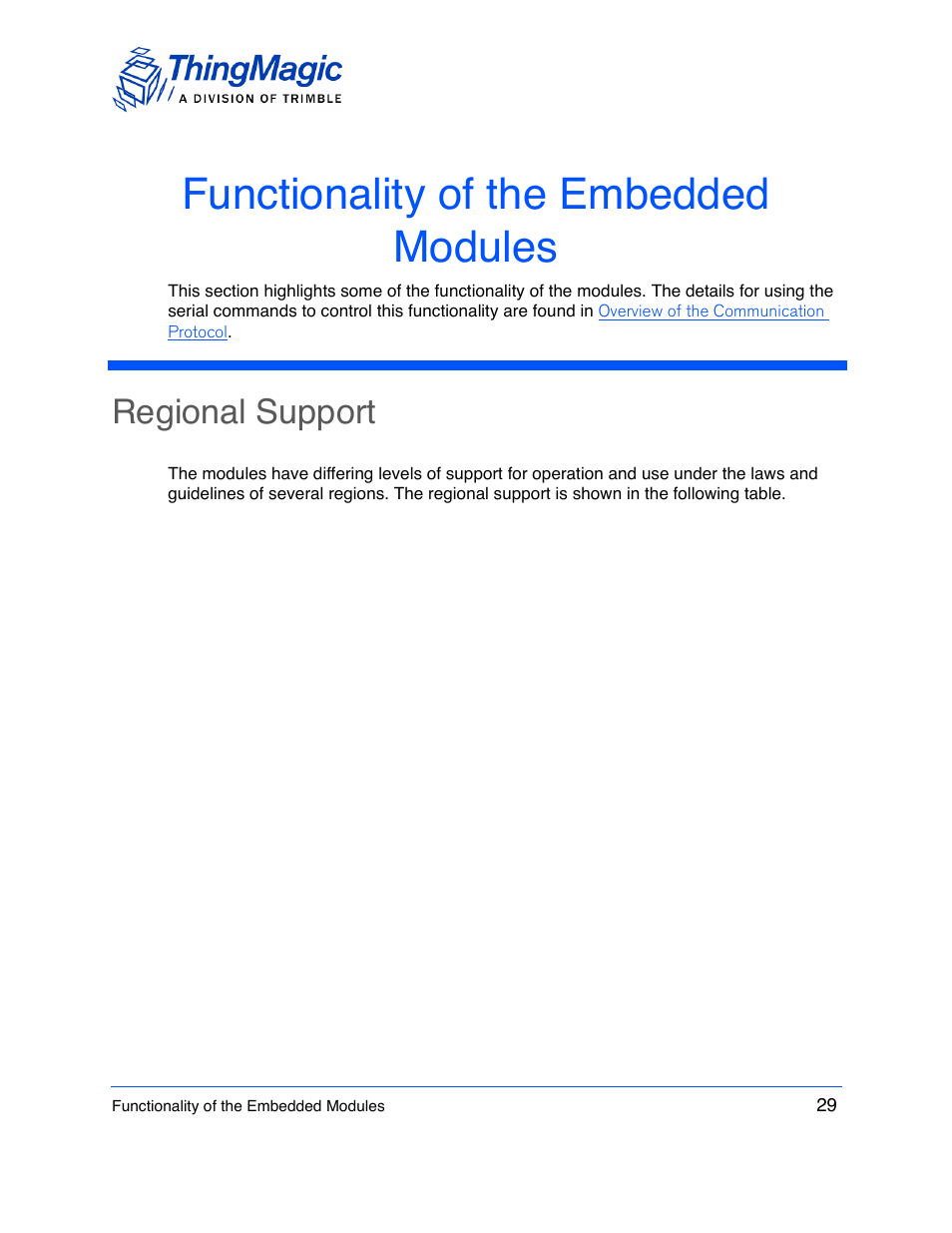 Functionality of the embedded modules, Regional support | ThingMagic M5e-Compact User Manual | Page 29 / 252