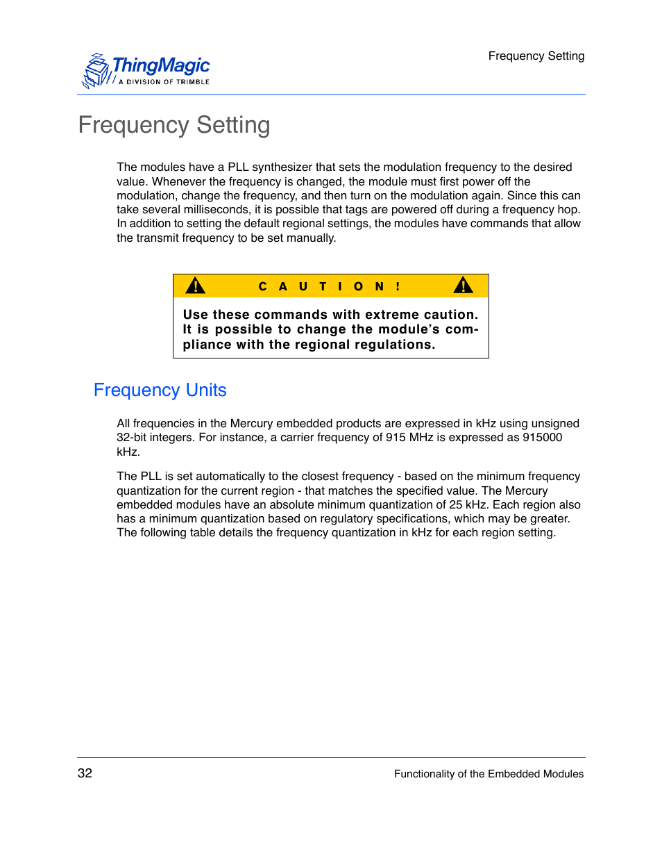 Frequency setting, Frequency units | ThingMagic M5e-Compact User Manual | Page 32 / 252