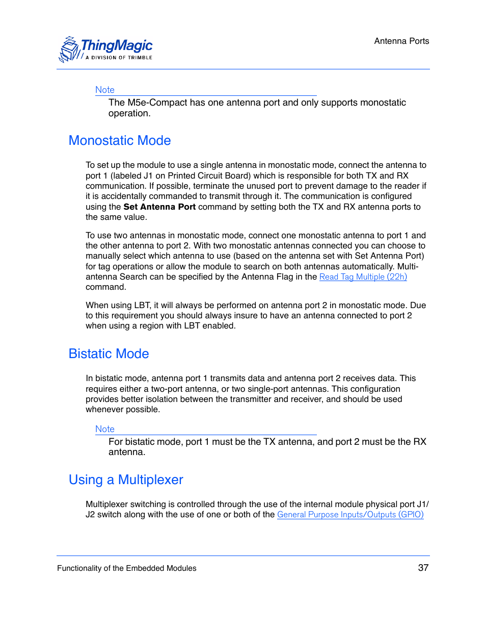 Monostatic mode, Bistatic mode, Using a multiplexer | ThingMagic M5e-Compact User Manual | Page 37 / 252