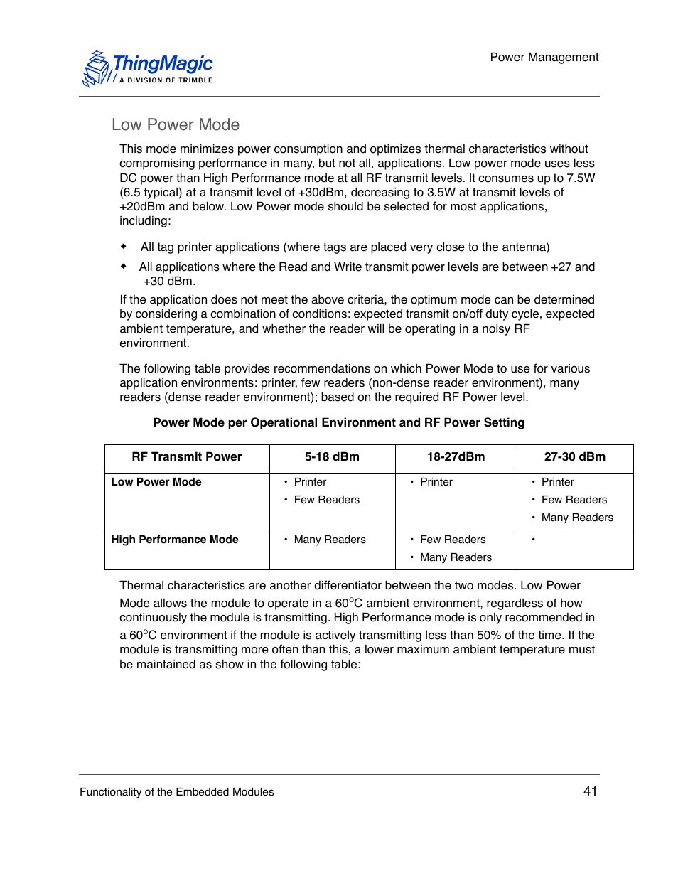 Low power mode | ThingMagic M5e-Compact User Manual | Page 41 / 252
