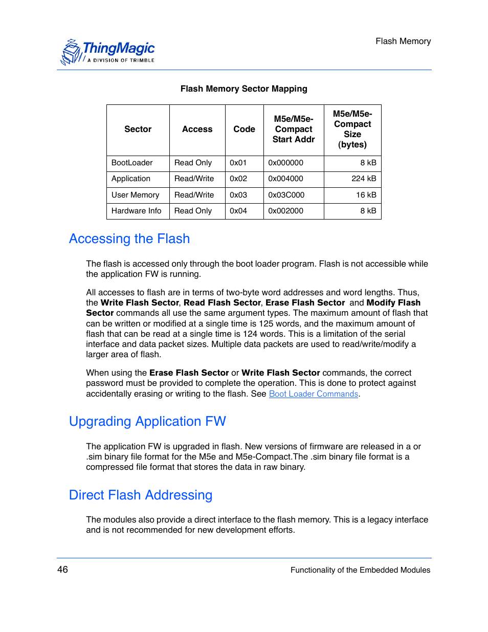 Accessing the flash, Upgrading application fw, Direct flash addressing | ThingMagic M5e-Compact User Manual | Page 46 / 252