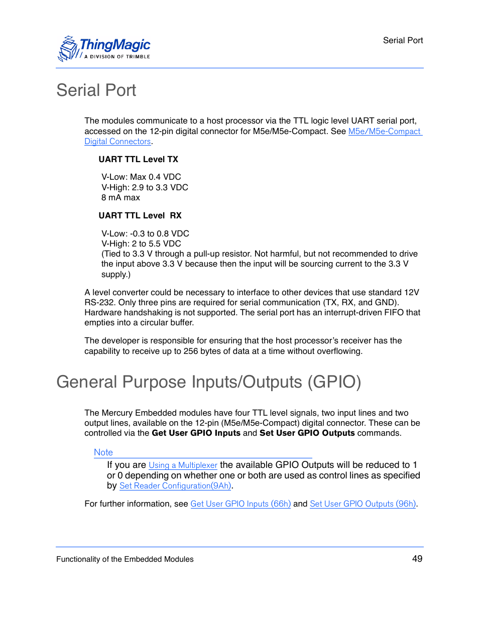 Serial port, General purpose inputs/outputs (gpio) | ThingMagic M5e-Compact User Manual | Page 49 / 252