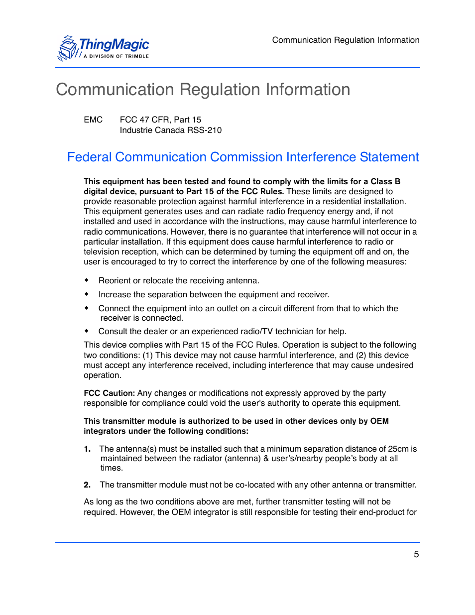 Communication regulation information | ThingMagic M5e-Compact User Manual | Page 5 / 252